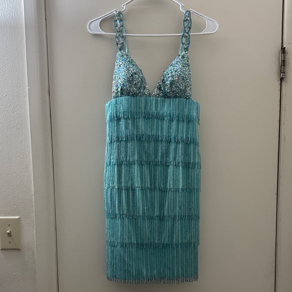 Terani Sparkling Turquoise Sequin Mini Dress